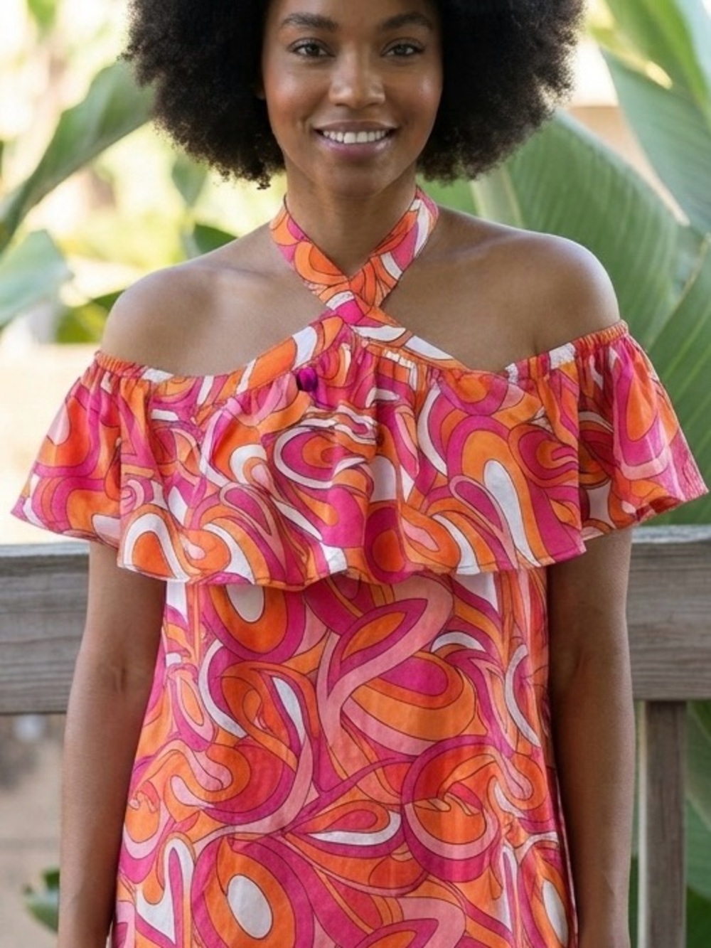 Michael Michael Kors Abstract Off Shoulder Halter Top Pink Orange White L
